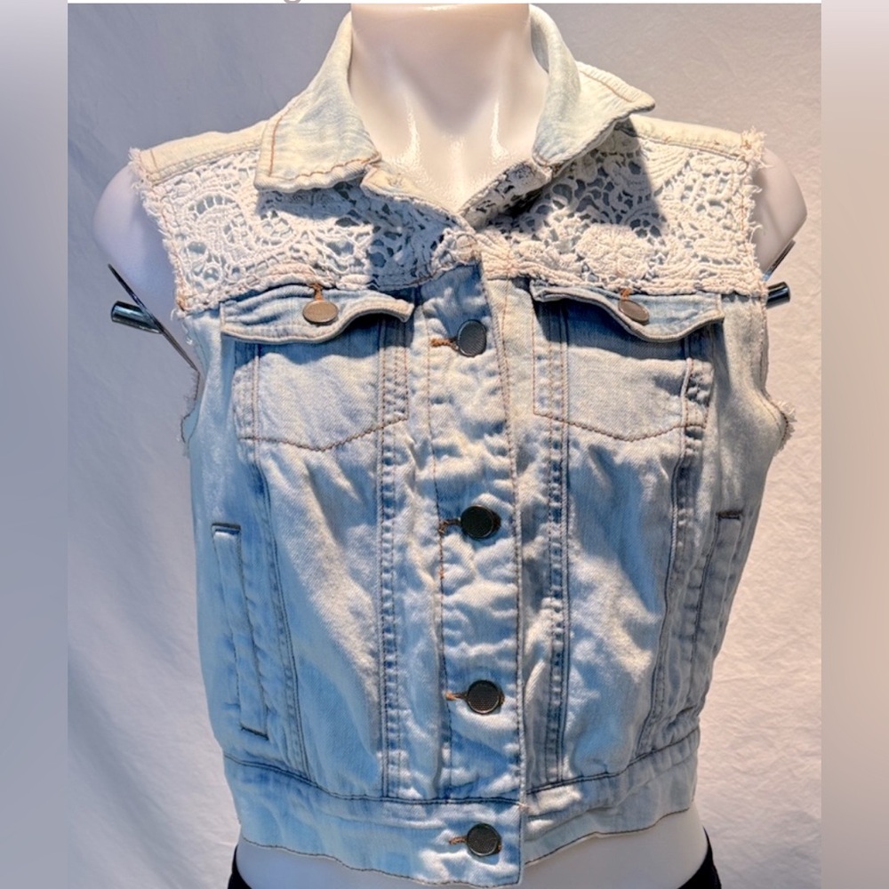 Material Girl Light Blue Denim Vest with Lace